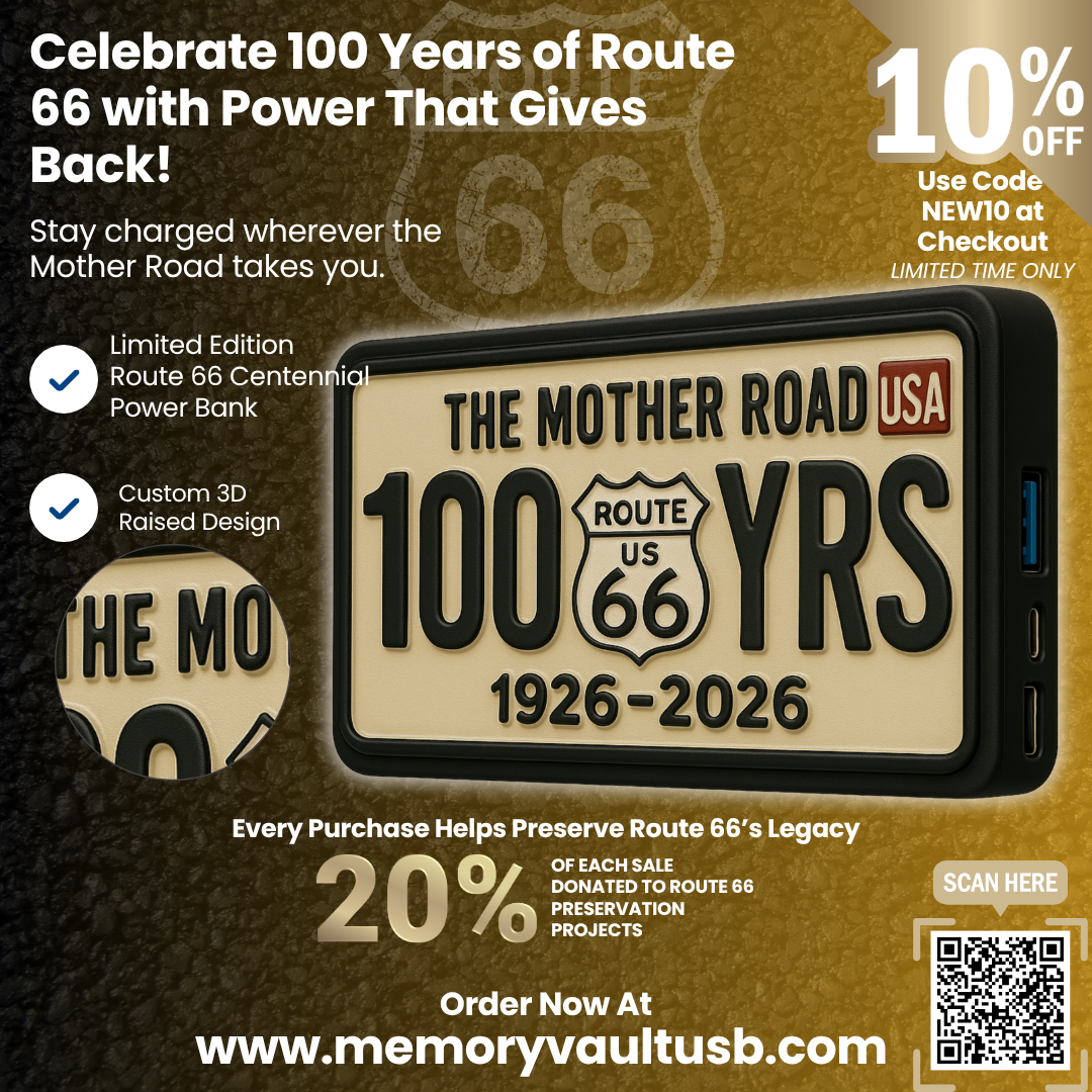Promotional image for a Route 66 power bank with text about celebrating 100 years of Route 66.