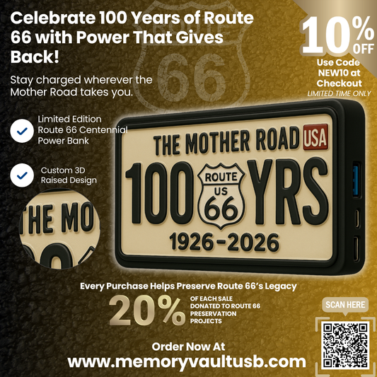 Promotional image for a Route 66 power bank with text about celebrating 100 years of Route 66.